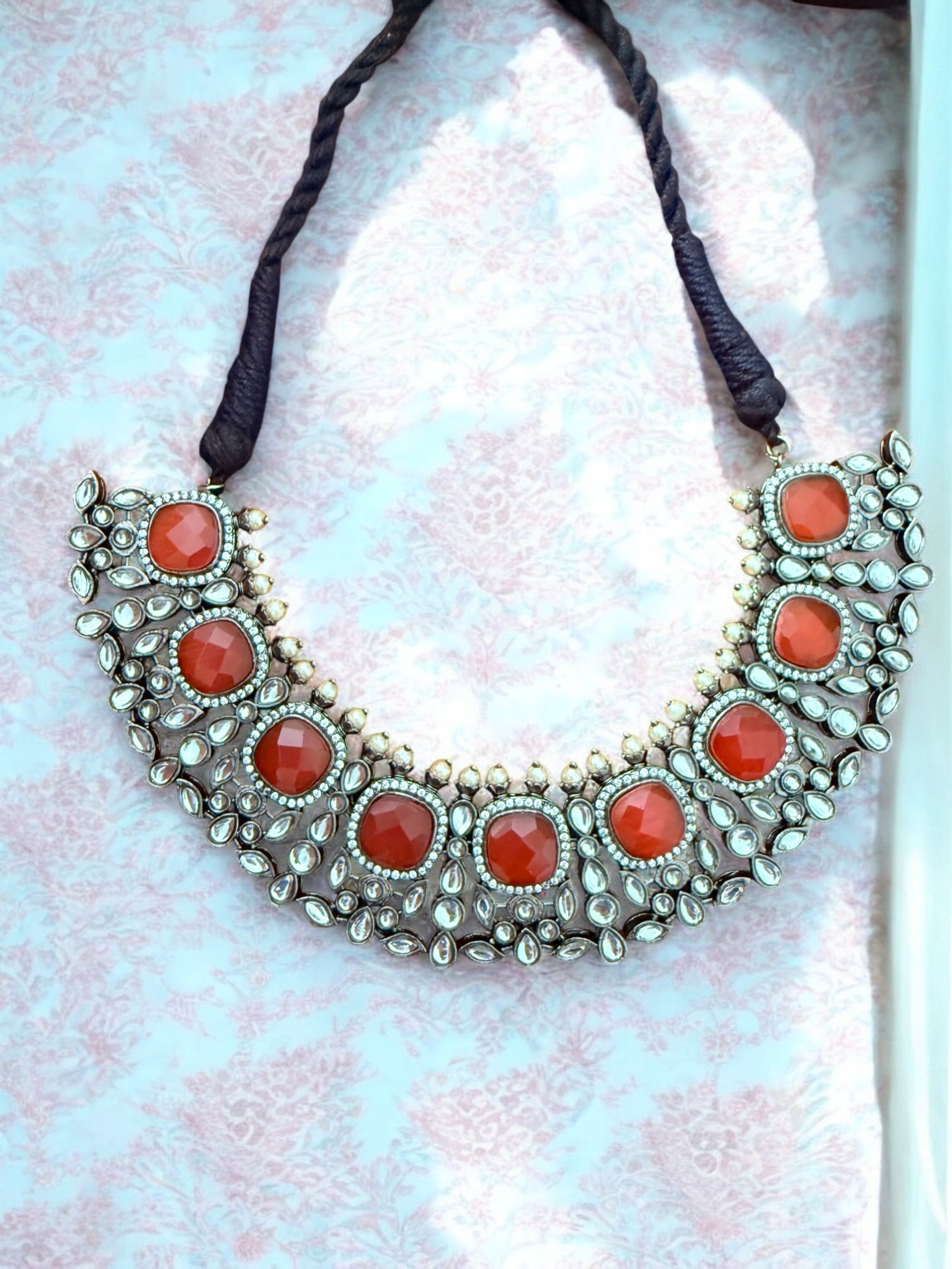 Bold Orange Kundan Antique Choker Necklace set with Pearls