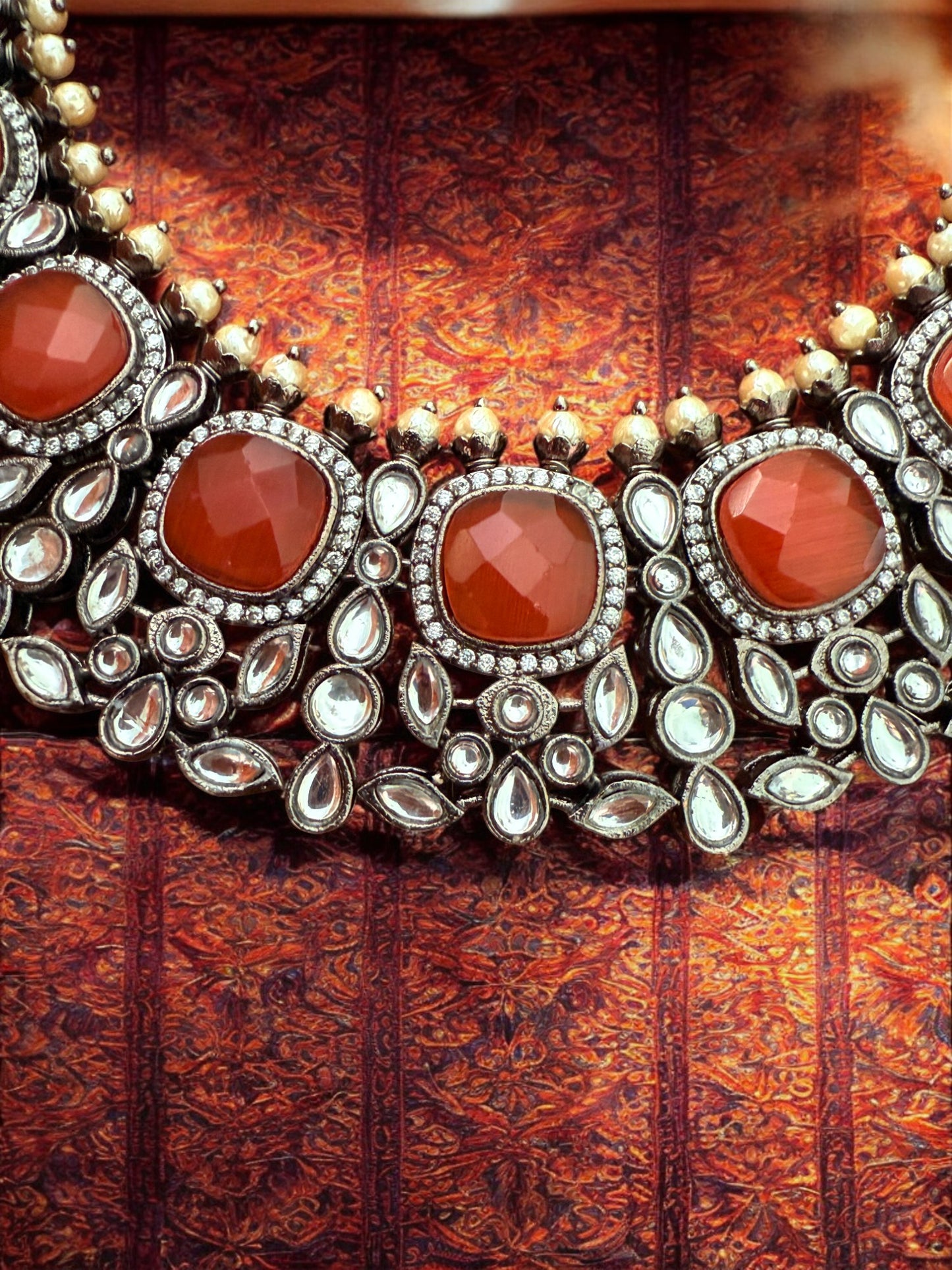 Bold Orange Kundan Antique Choker Necklace set with Pearls