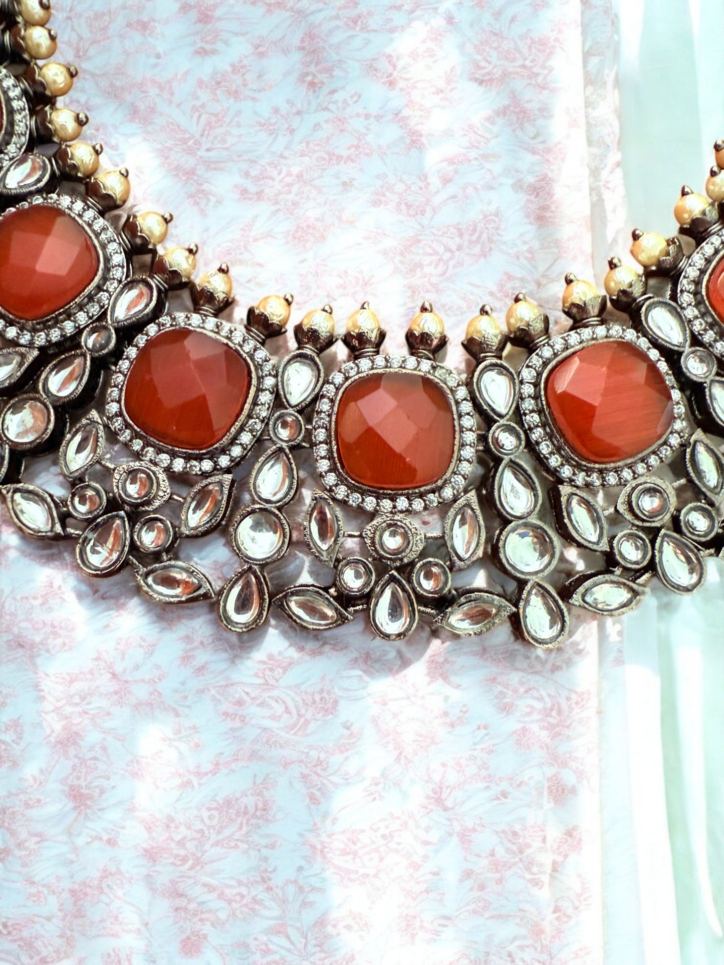 Bold Orange Kundan Antique Choker Necklace set with Pearls