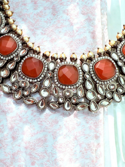 Bold Orange Kundan Antique Choker Necklace set with Pearls