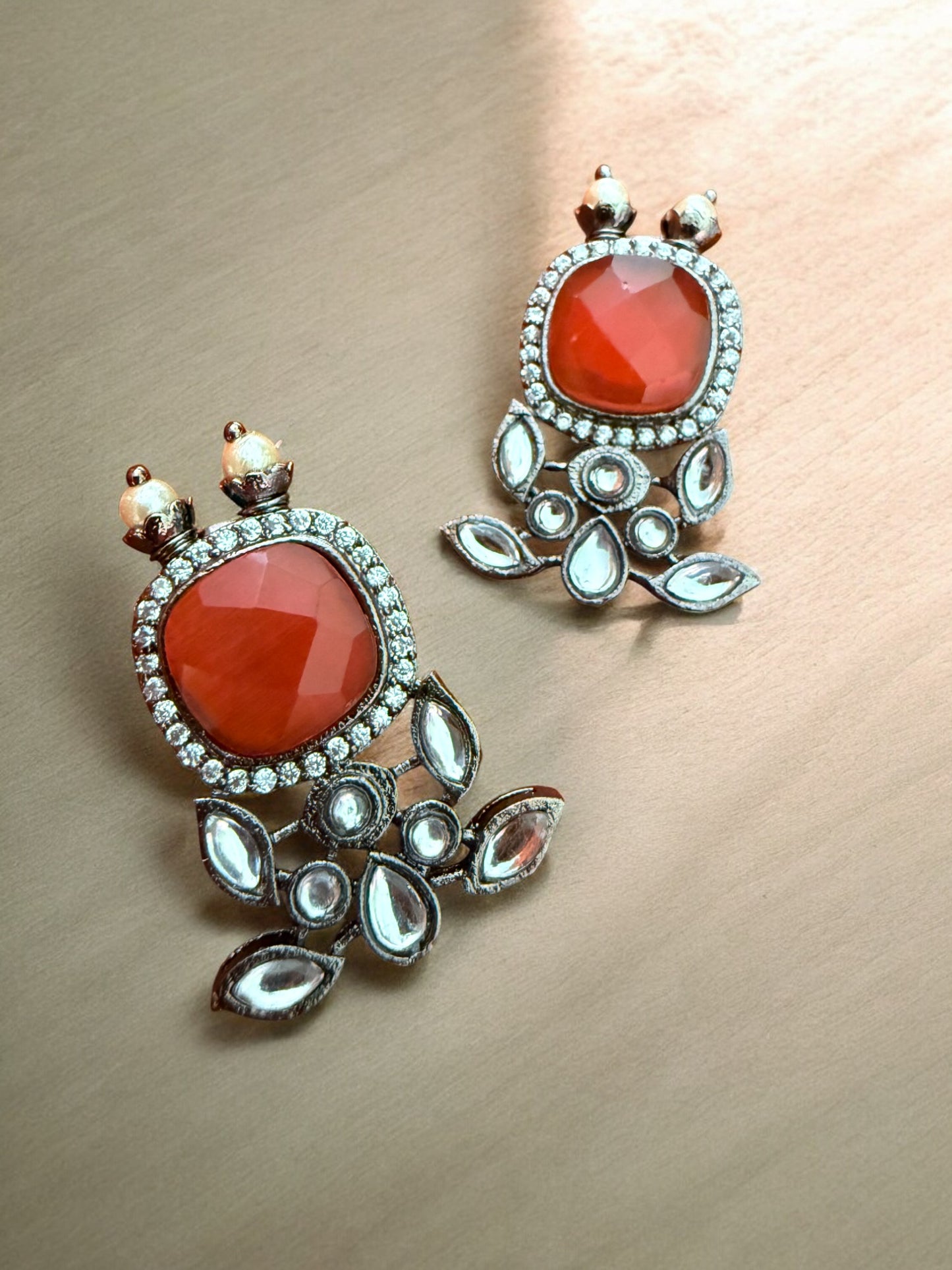 Bold Orange Kundan Antique Choker Necklace set with Pearls