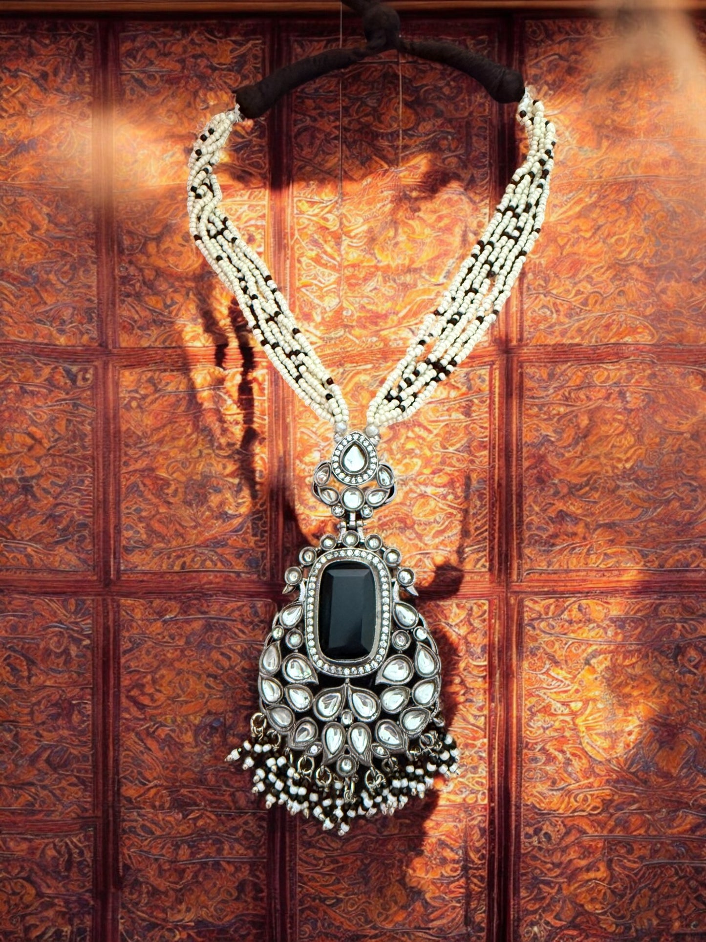 Black Stone Beaded Anitque Necklace set with Pearl Beaded Strands