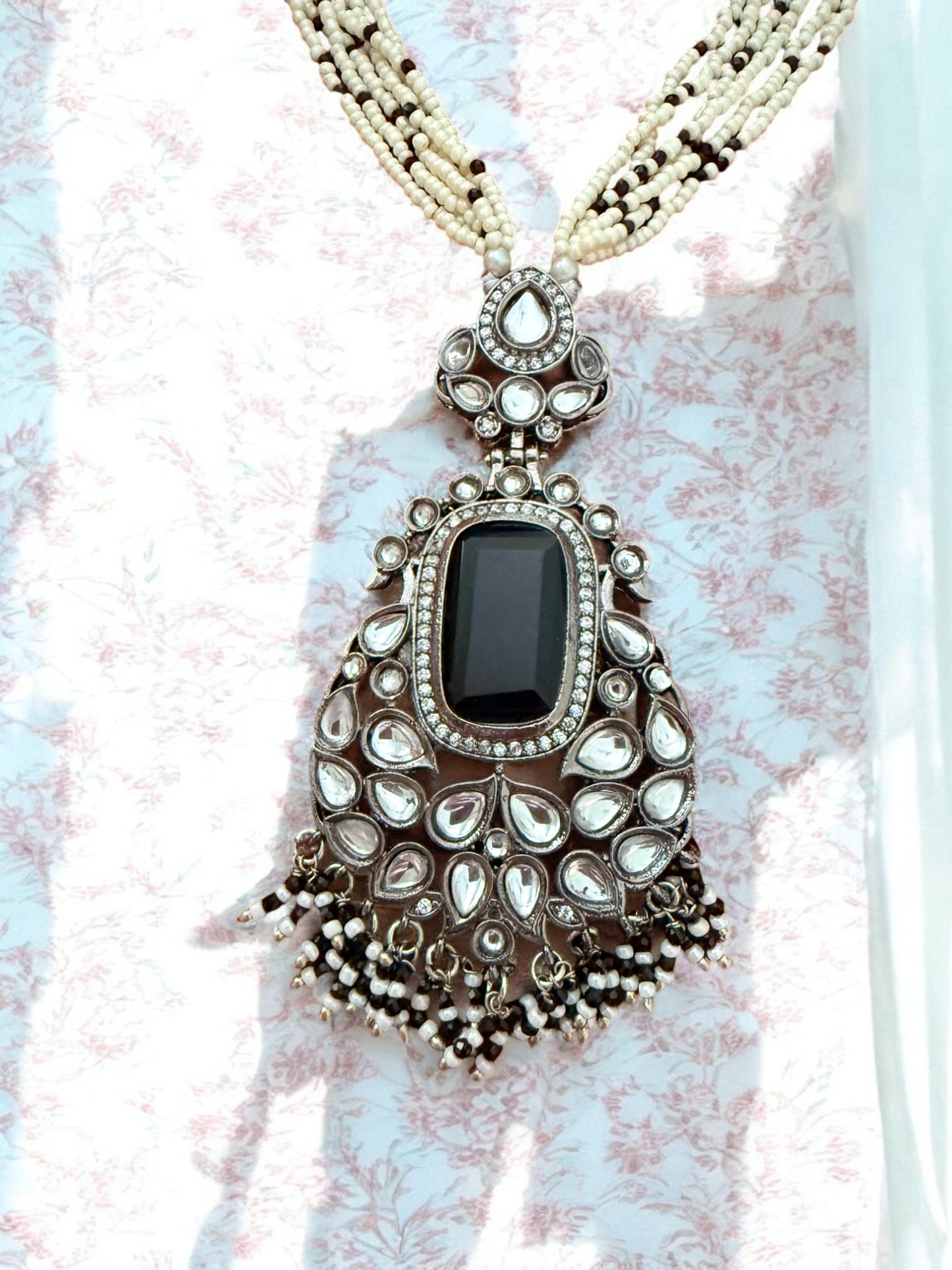 Black Stone Beaded Anitque Necklace set with Pearl Beaded Strands