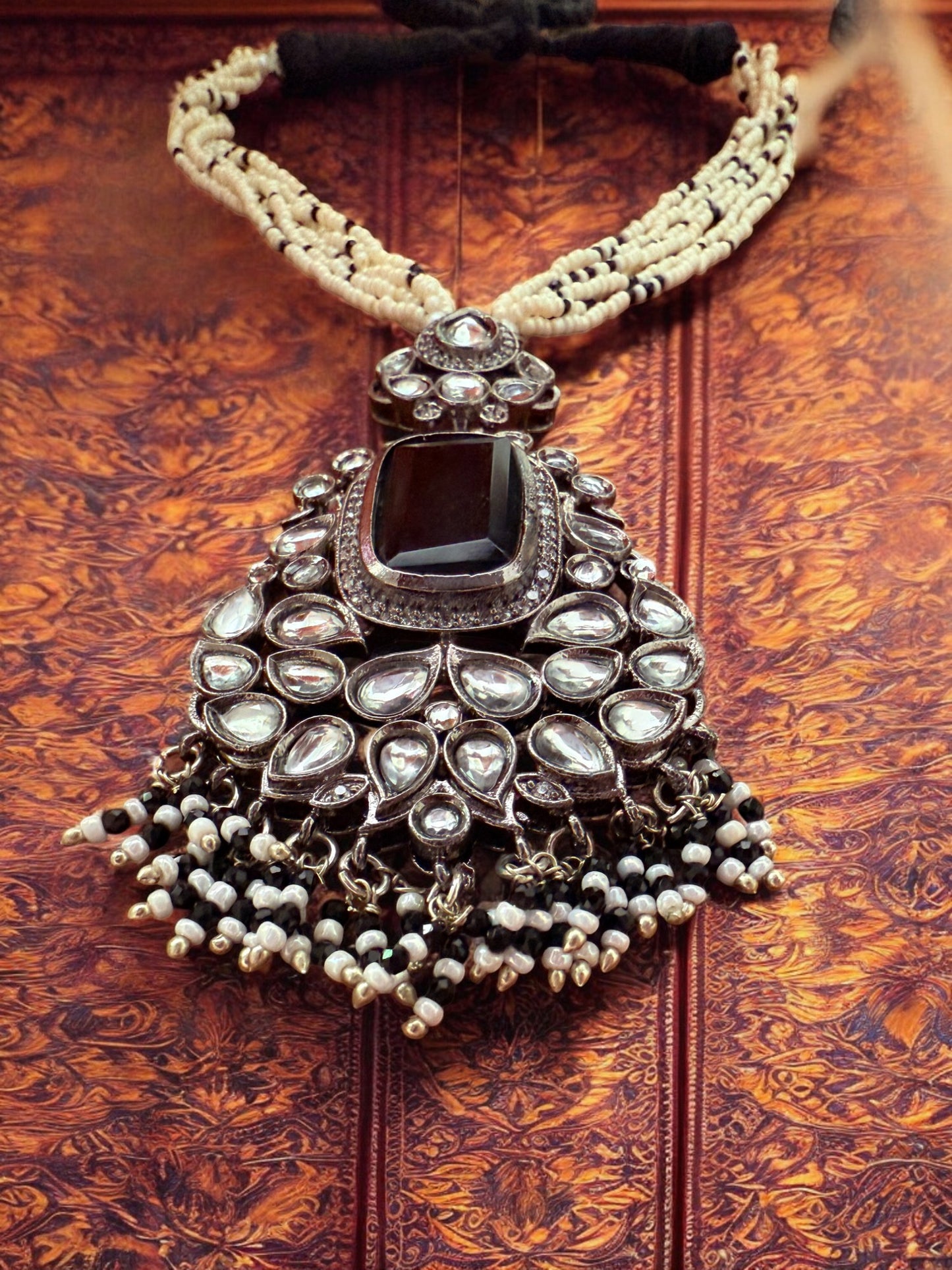 Black Stone Beaded Anitque Necklace set with Pearl Beaded Strands