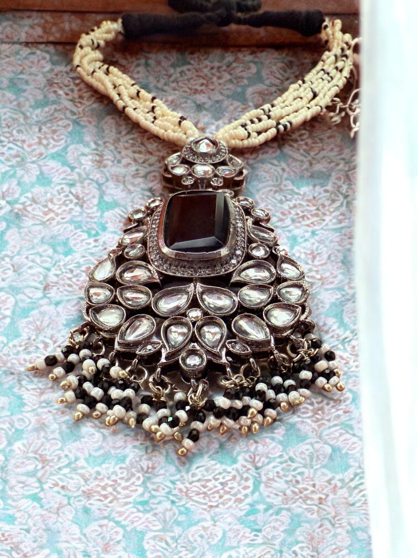 Black Stone Beaded Anitque Necklace set with Pearl Beaded Strands