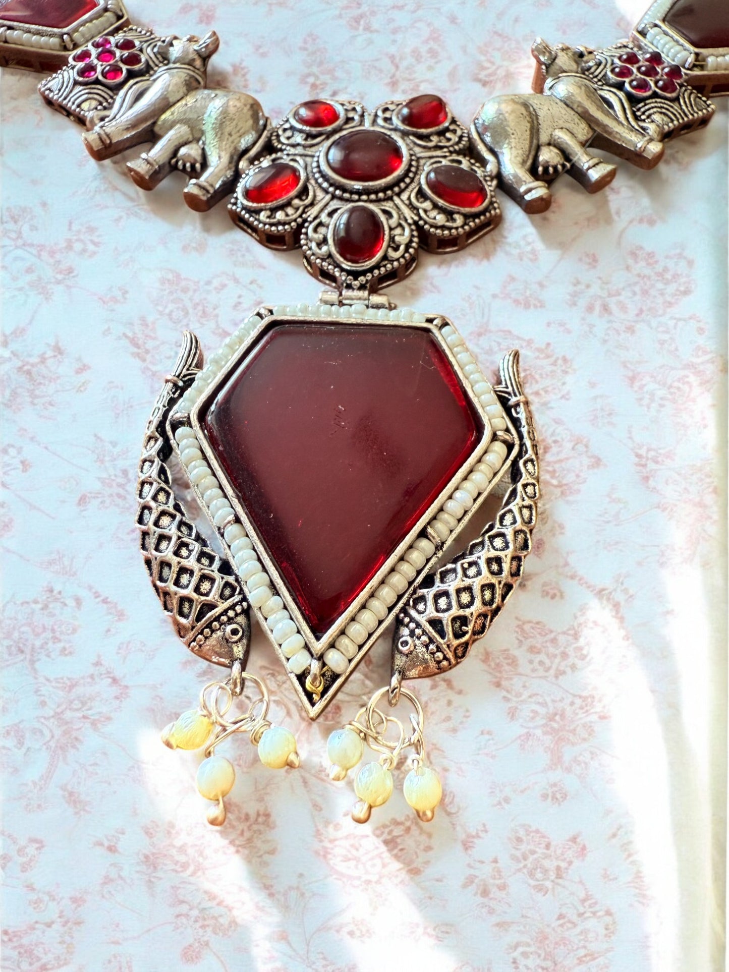 Oxidised Silver Elephant Motif Tribal Necklace Set with Maroon Stone Accent