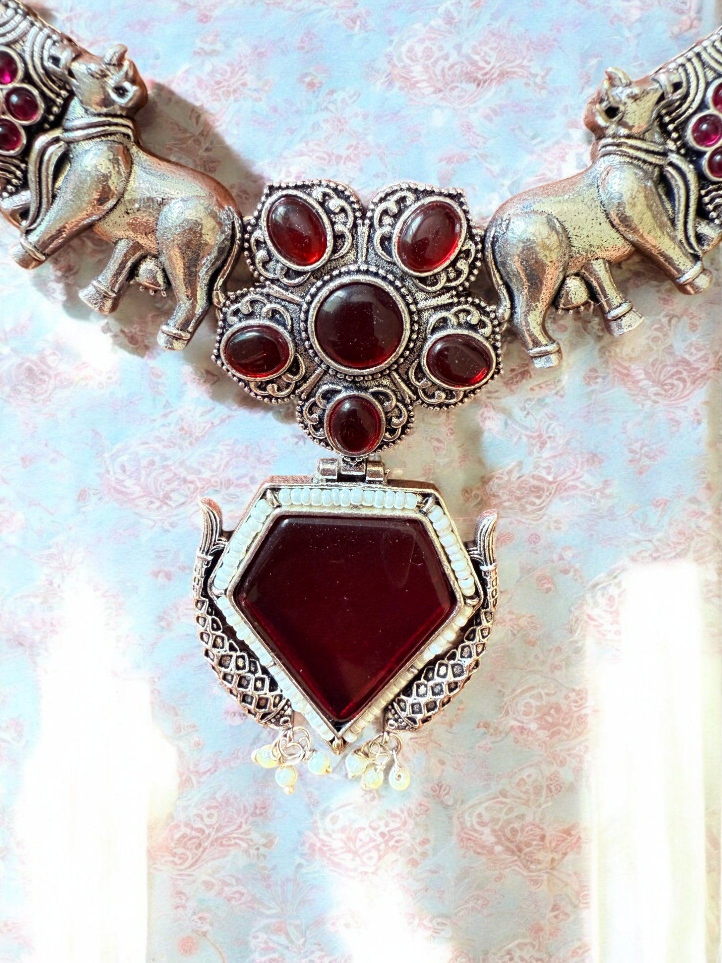 Oxidised Silver Elephant Motif Tribal Necklace Set with Maroon Stone Accent