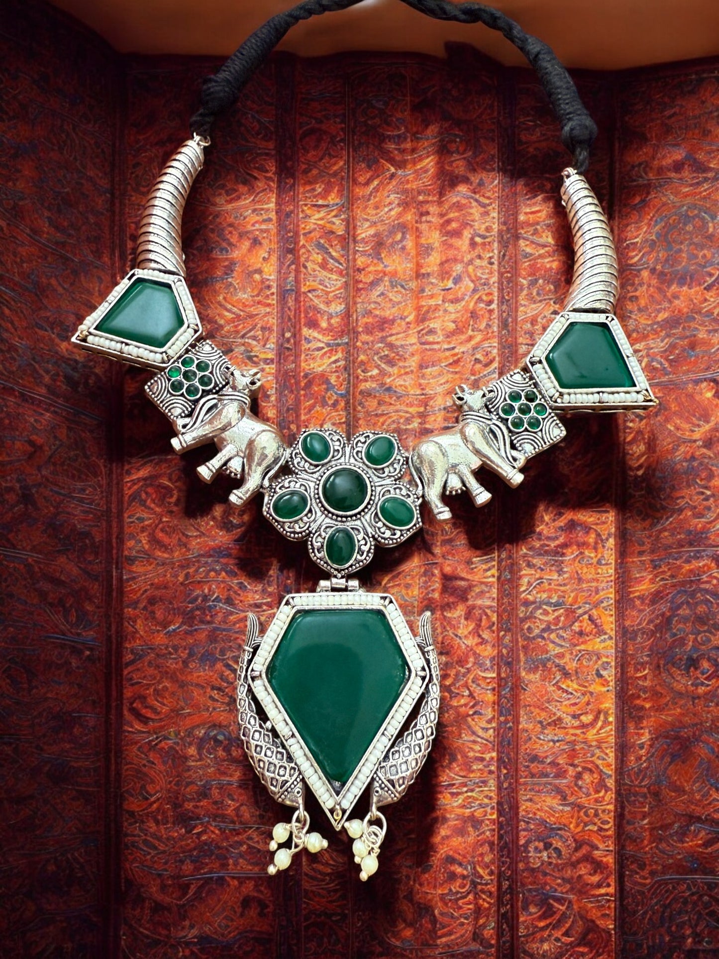 Oxidised Silver Elephant Motif Tribal Necklace Set with Green Stone Accent
