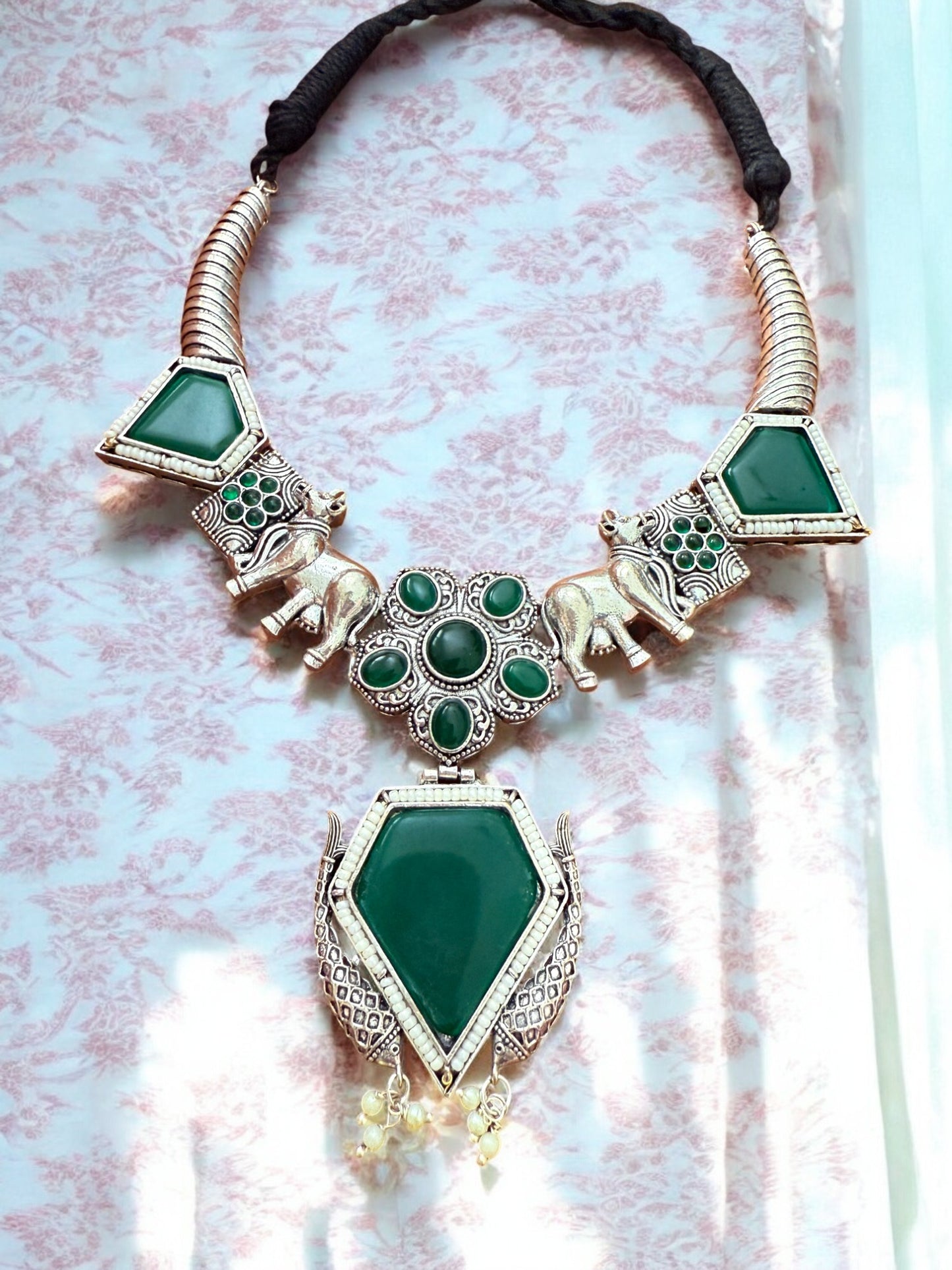 Oxidised Silver Elephant Motif Tribal Necklace Set with Green Stone Accent