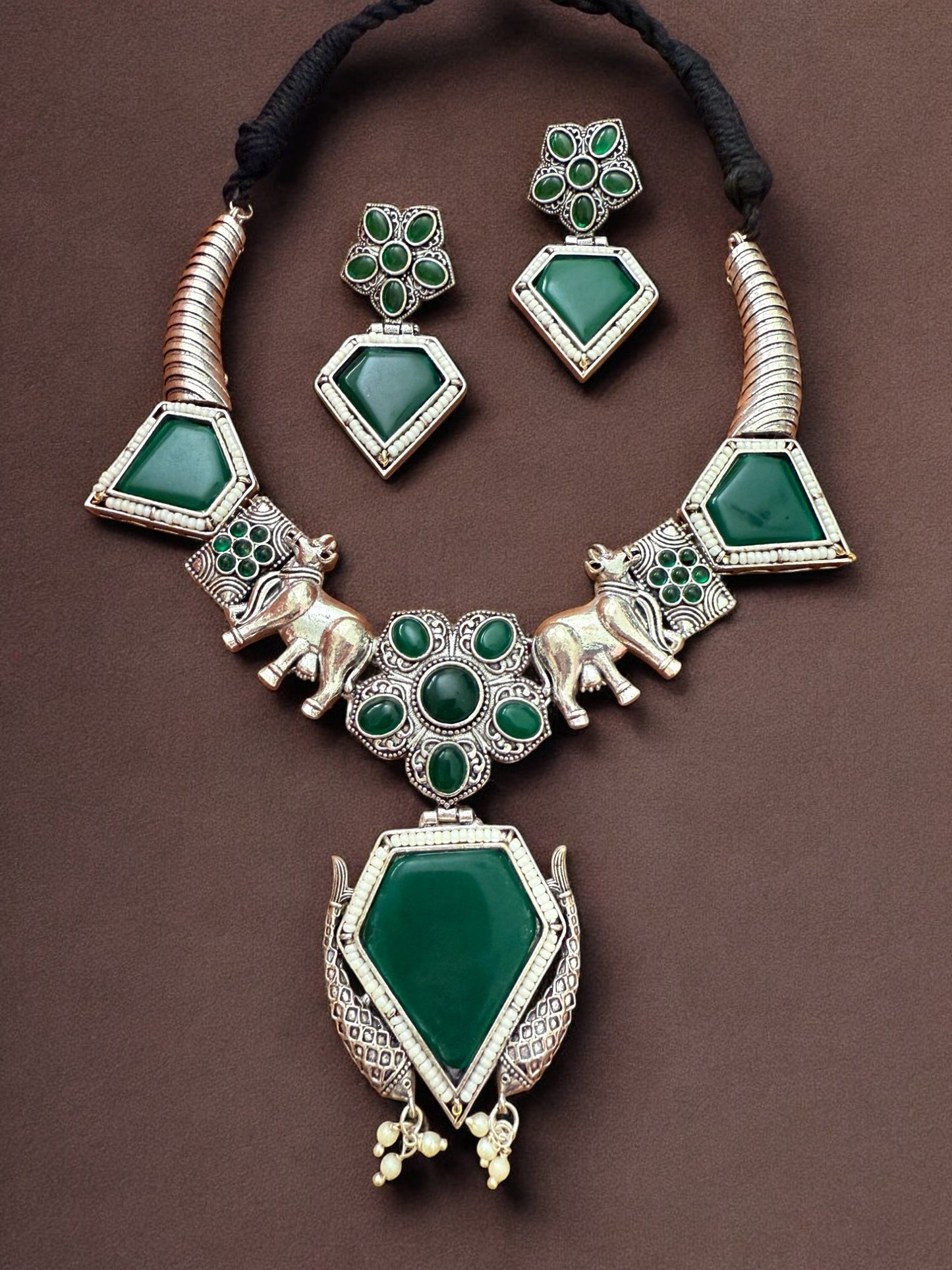 Oxidised Silver Elephant Motif Tribal Necklace Set with Green Stone Accent