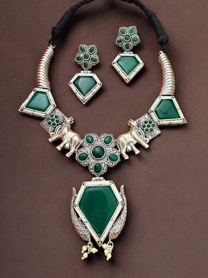 Oxidised Silver Elephant Motif Tribal Necklace Set with Green Stone Accent