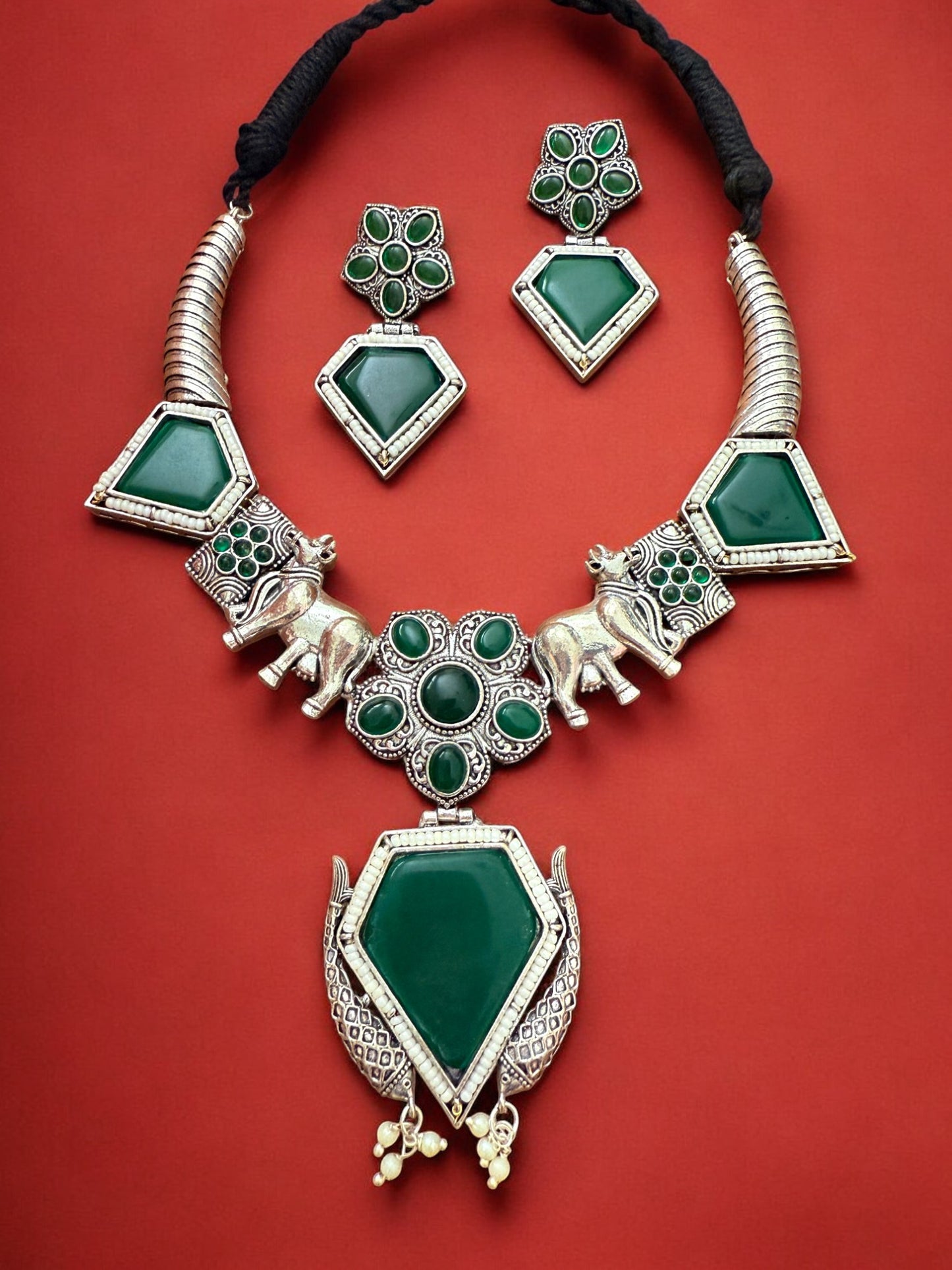 Oxidised Silver Elephant Motif Tribal Necklace Set with Green Stone Accent