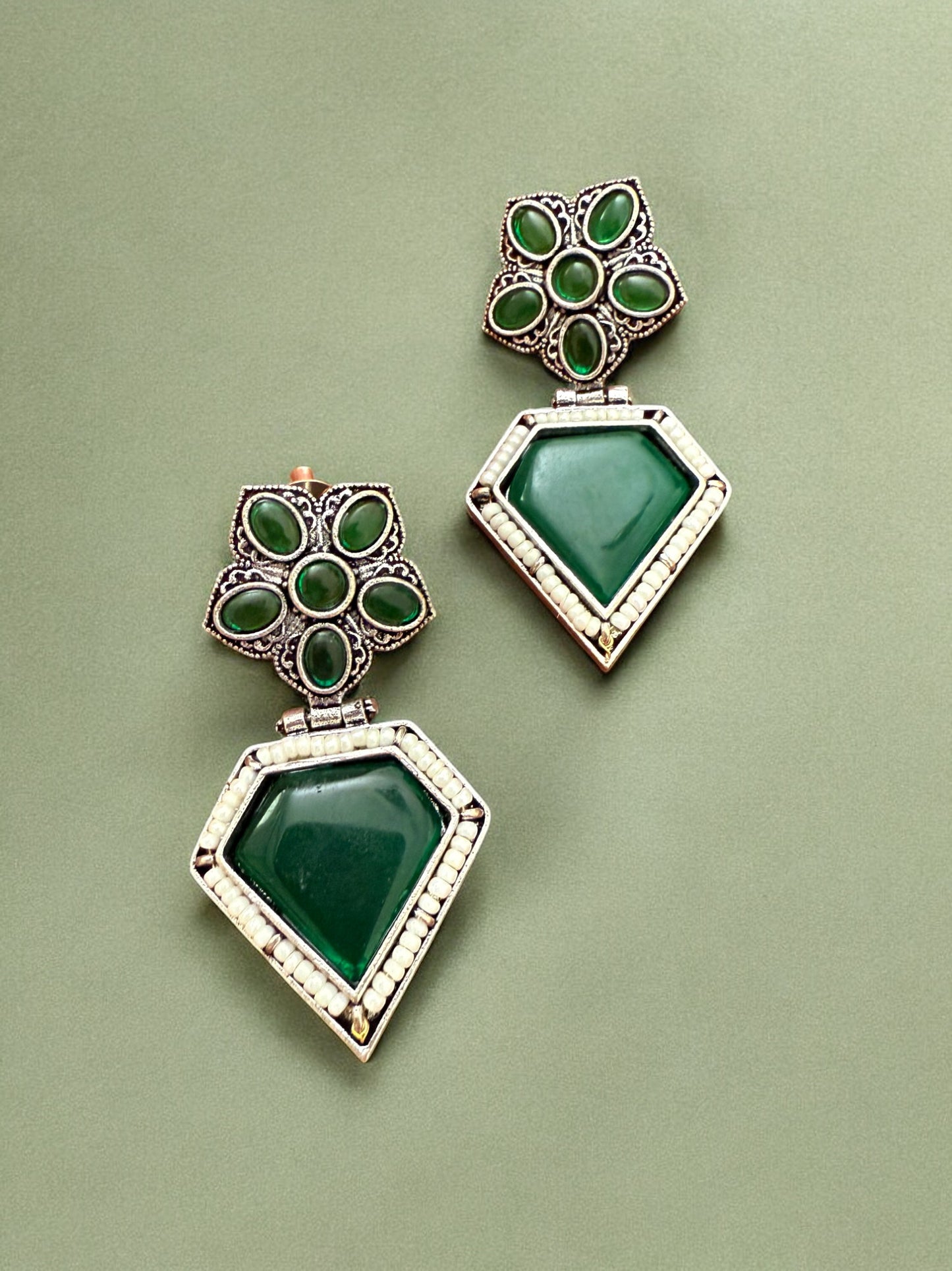 Oxidised Silver Elephant Motif Tribal Necklace Set with Green Stone Accent