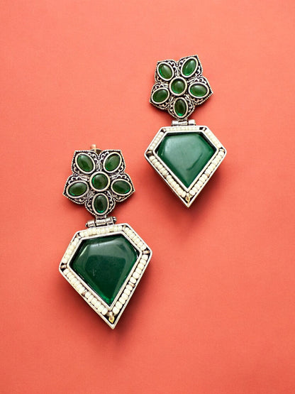 Oxidised Silver Elephant Motif Tribal Necklace Set with Green Stone Accent