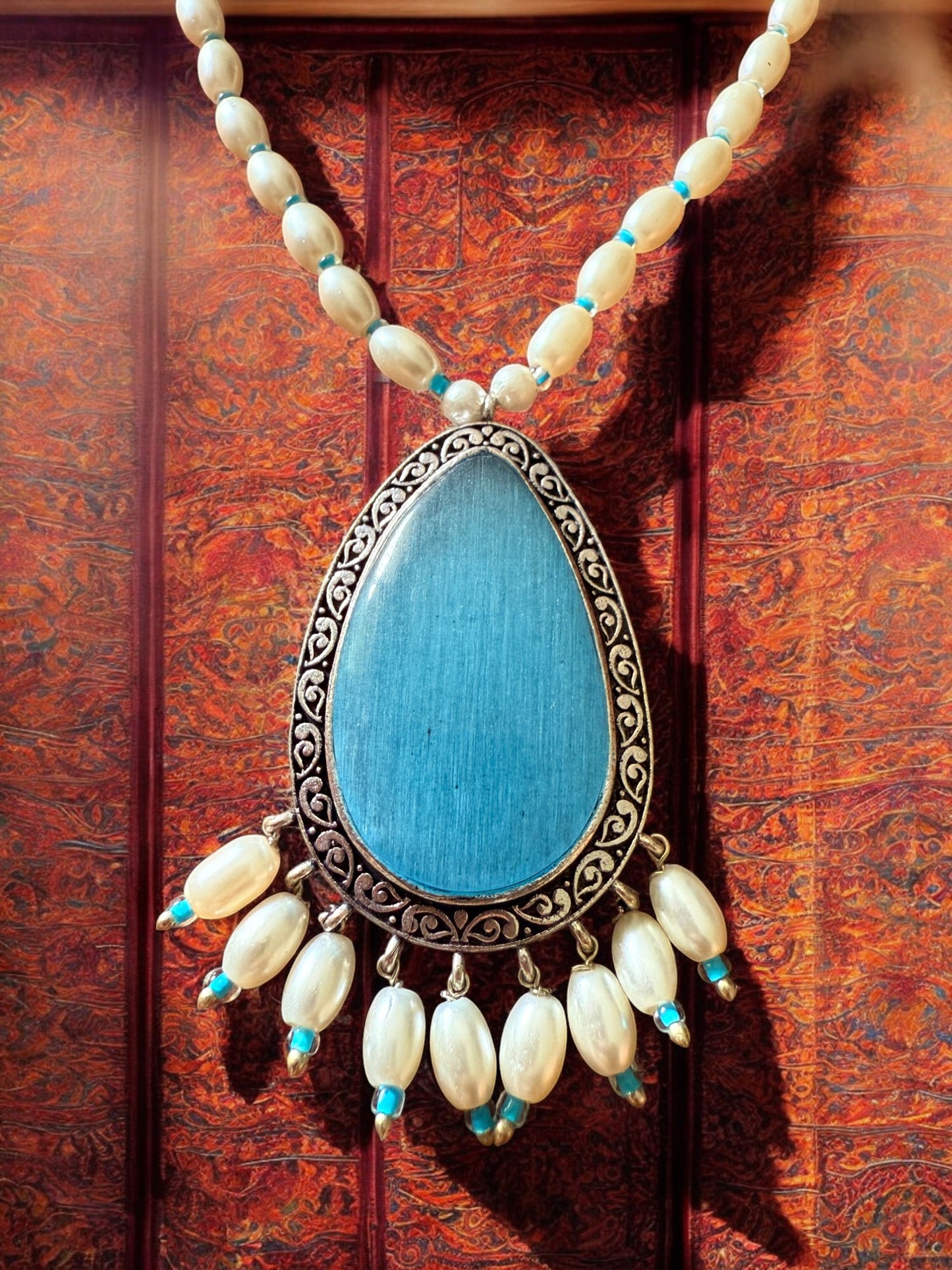 Tear Drop Blue Pendant Set with Pearl Strand