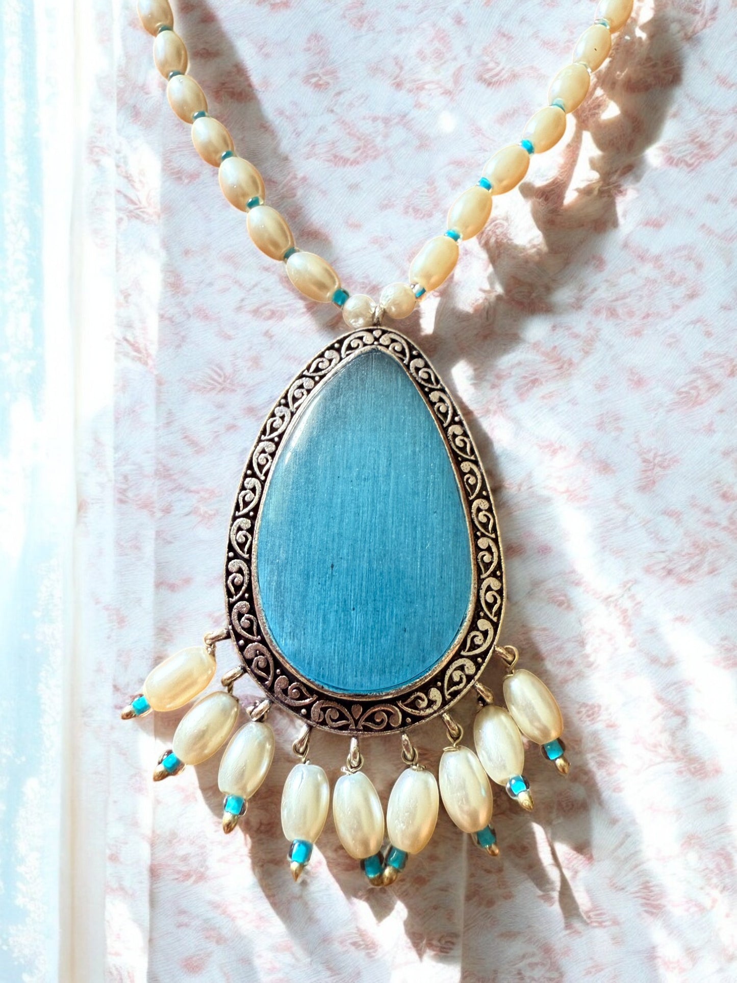 Tear Drop Blue Pendant Set with Pearl Strand