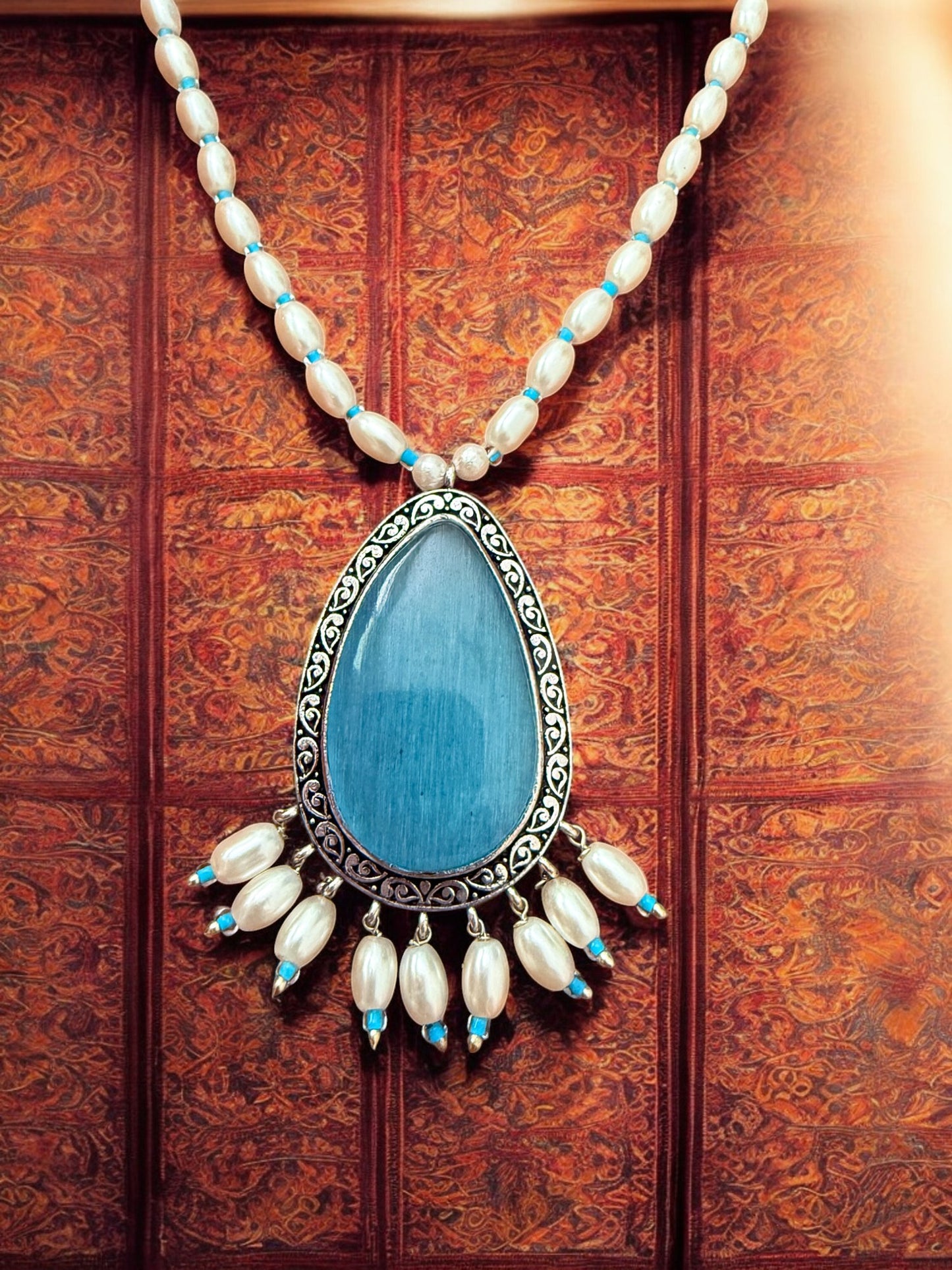 Tear Drop Blue Pendant Set with Pearl Strand