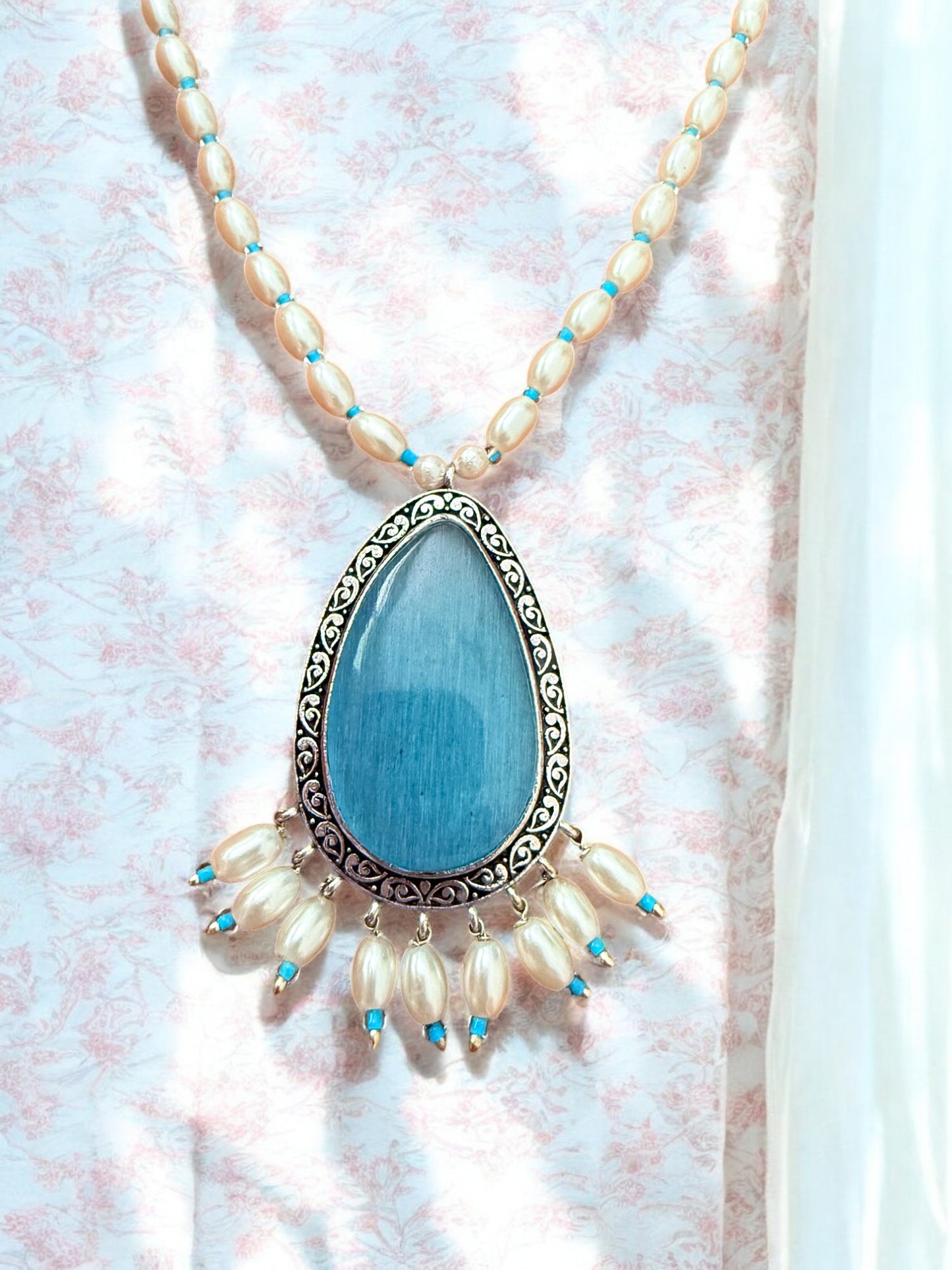 Tear Drop Blue Pendant Set with Pearl Strand