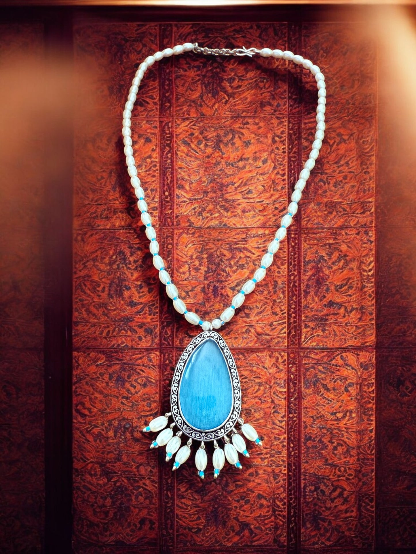 Tear Drop Blue Pendant Set with Pearl Strand