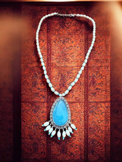 Tear Drop Blue Pendant Set with Pearl Strand