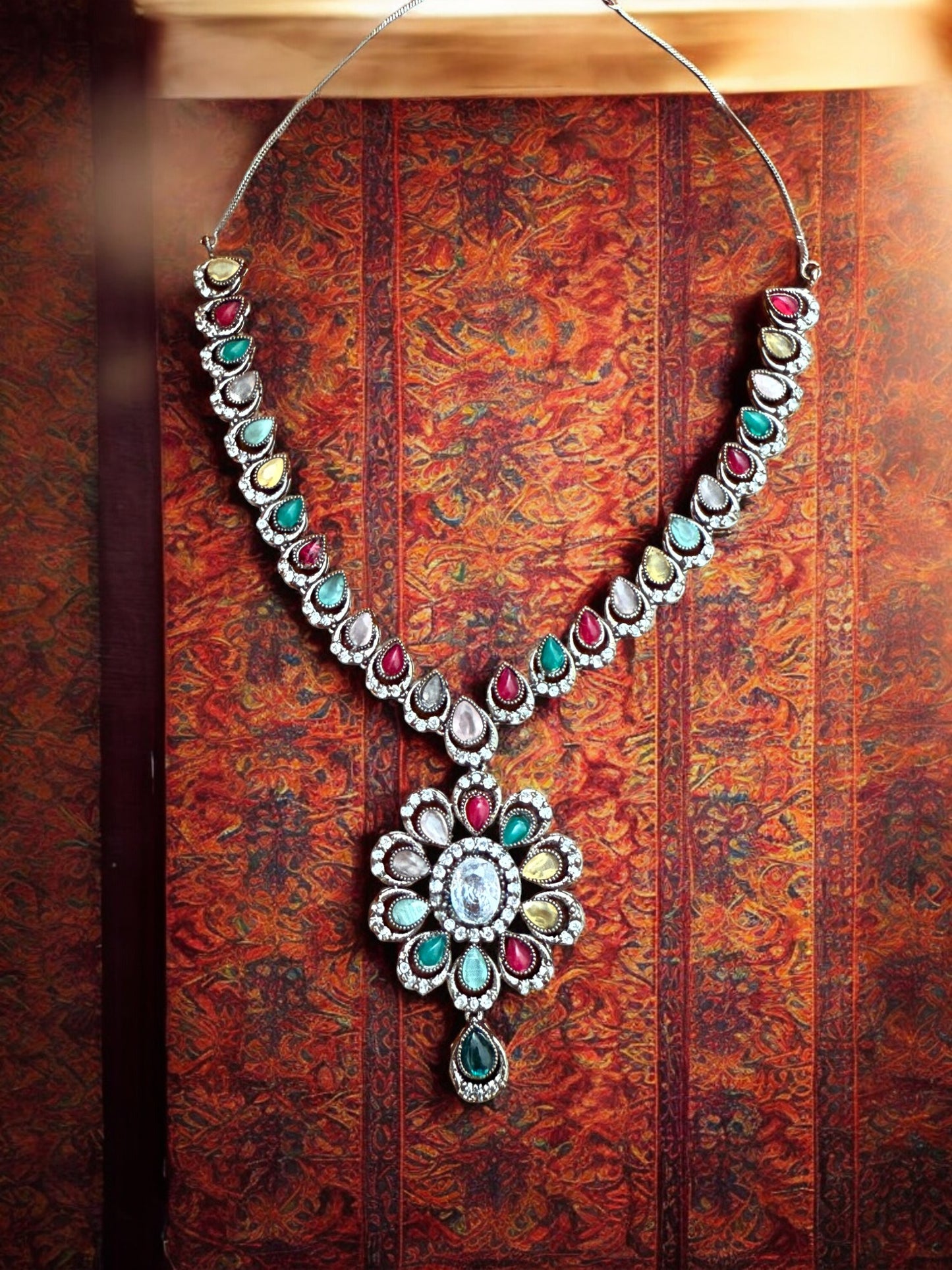 Statement Multicoloiur Teardrop Floral Necklace set with Stud Earrings