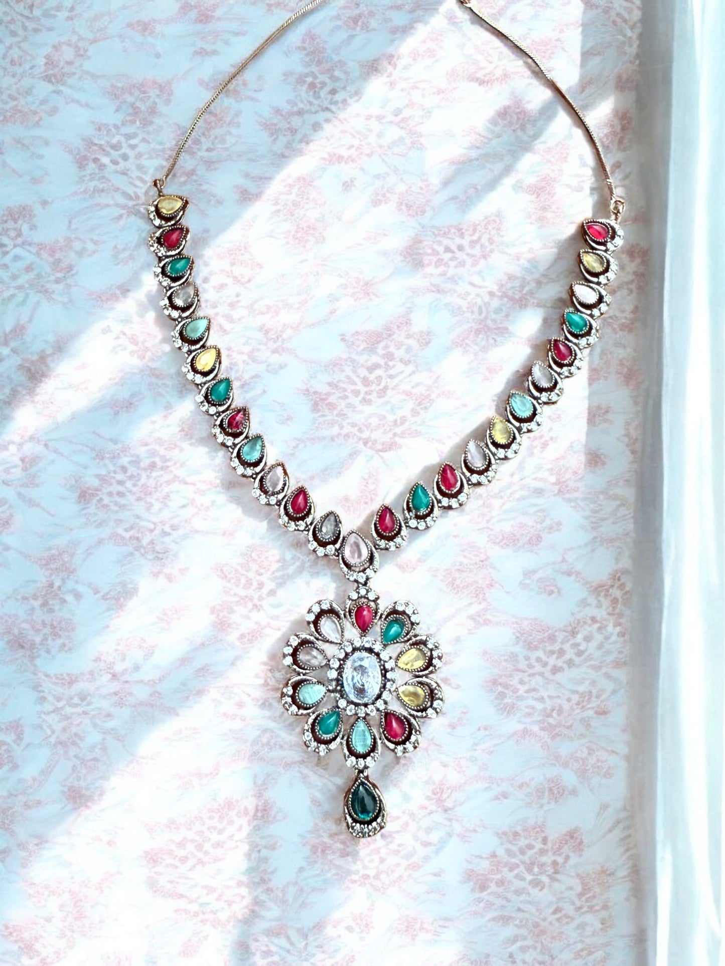 Statement Multicoloiur Teardrop Floral Necklace set with Stud Earrings