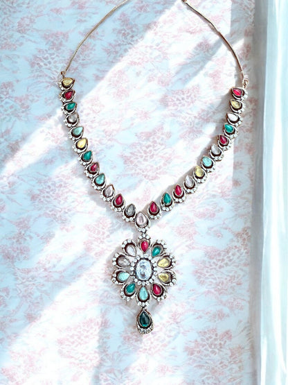 Statement Multicoloiur Teardrop Floral Necklace set with Stud Earrings