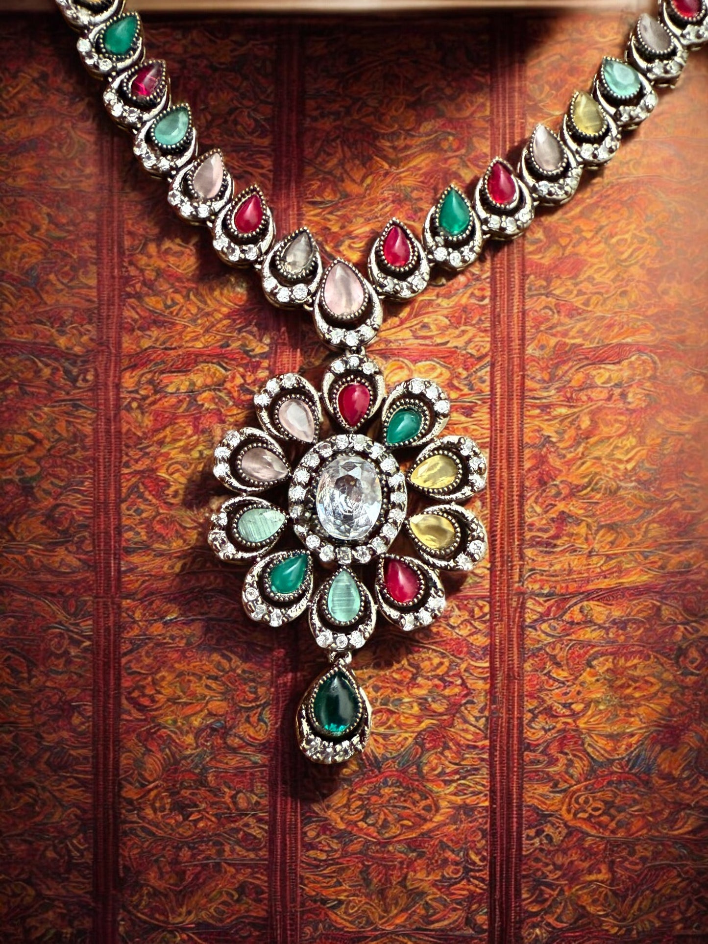 Statement Multicoloiur Teardrop Floral Necklace set with Stud Earrings