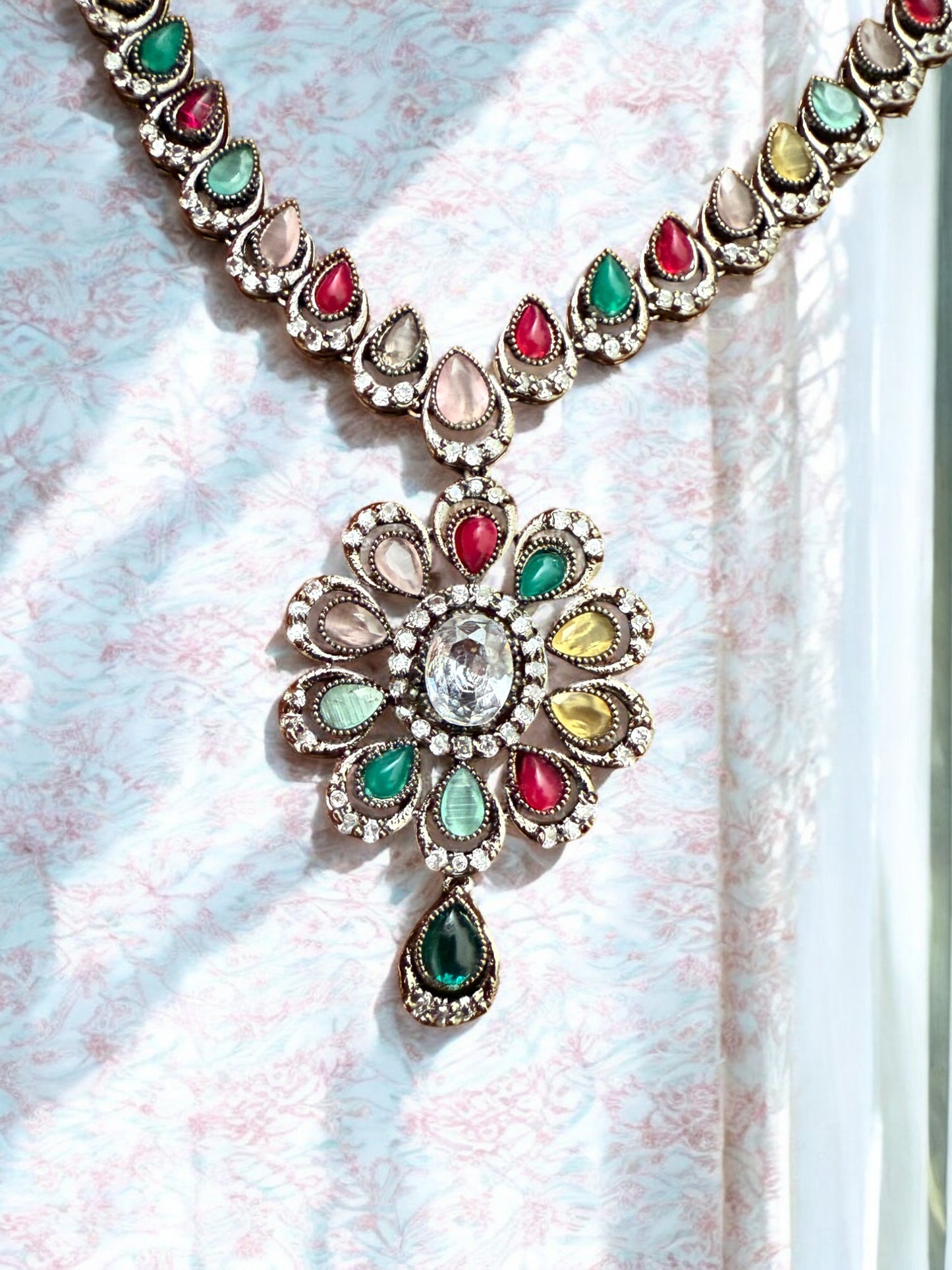 Statement Multicoloiur Teardrop Floral Necklace set with Stud Earrings