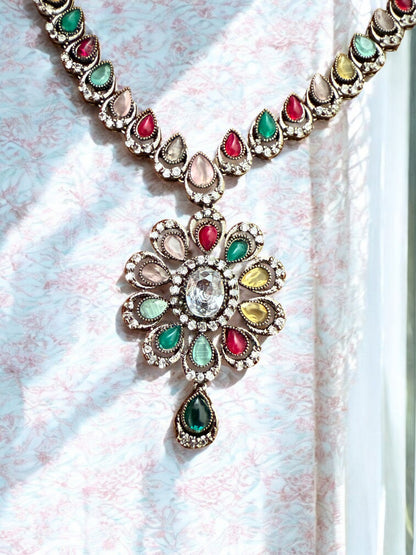 Statement Multicoloiur Teardrop Floral Necklace set with Stud Earrings