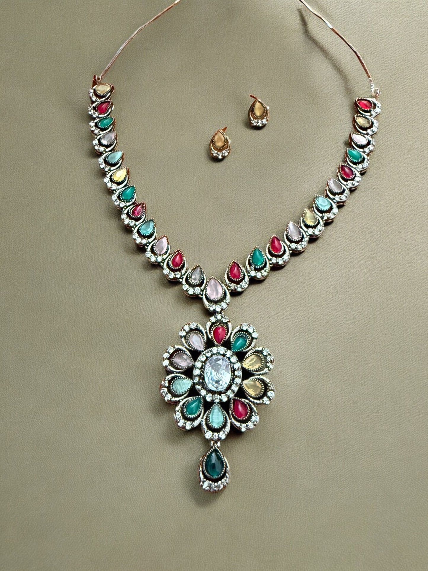 Statement Multicoloiur Teardrop Floral Necklace set with Stud Earrings