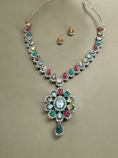 Statement Multicoloiur Teardrop Floral Necklace set with Stud Earrings