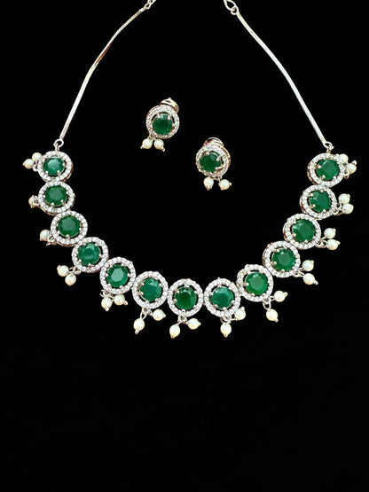 Emarld Green Stone Necklace set with Pearl Accents