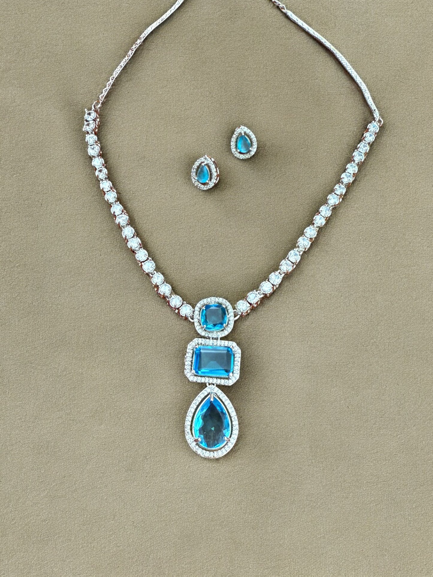 Blue Statement Stone Zircon Pendant Set with Stud Earrings