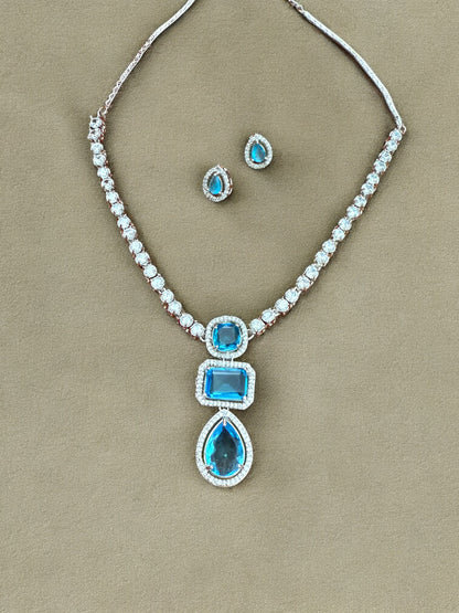 Blue Statement Stone Zircon Pendant Set with Stud Earrings