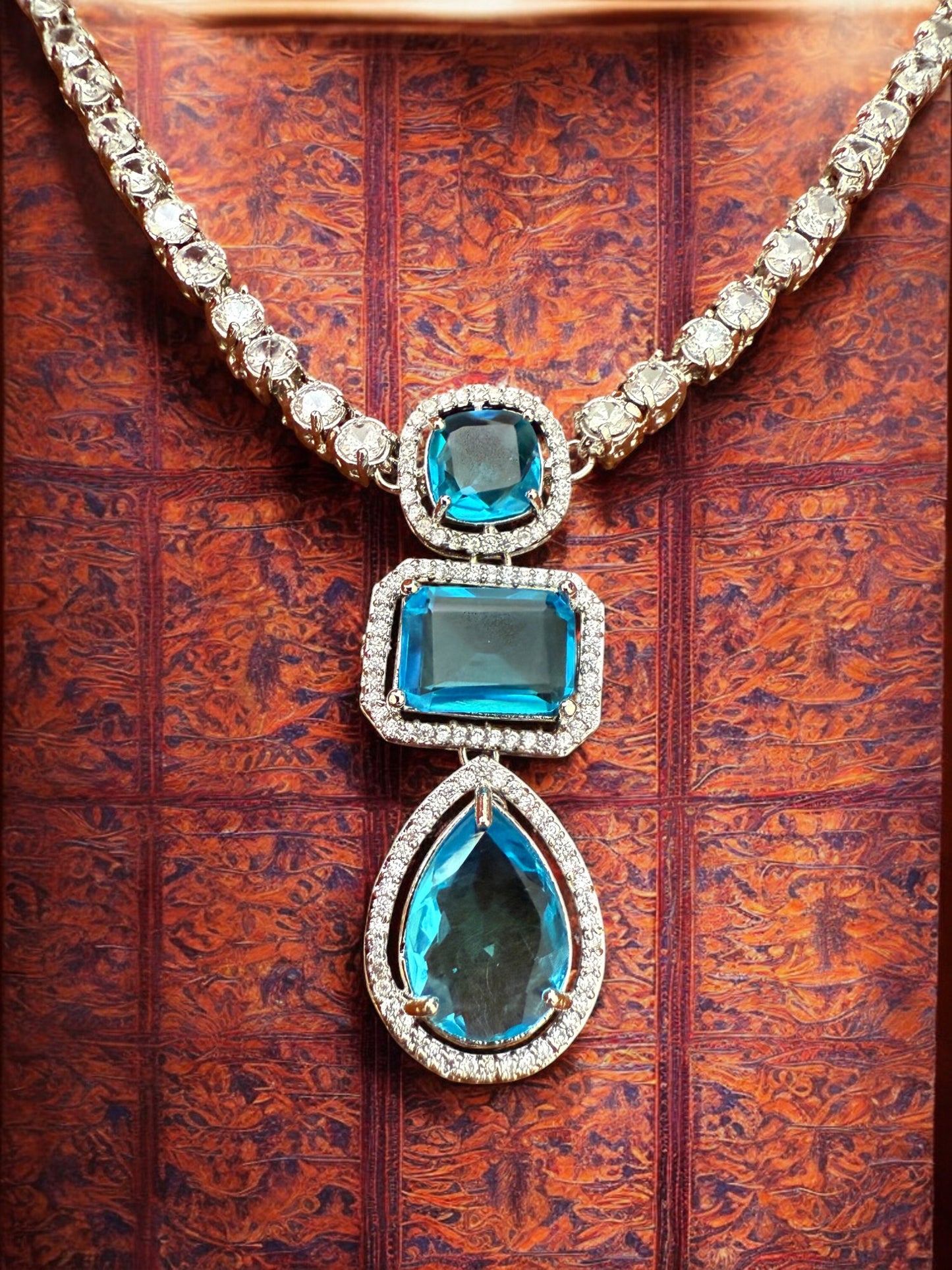 Blue Statement Stone Zircon Pendant Set with Stud Earrings