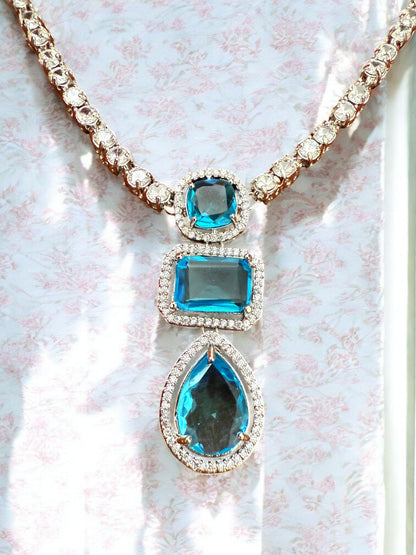 Blue Statement Stone Zircon Pendant Set with Stud Earrings