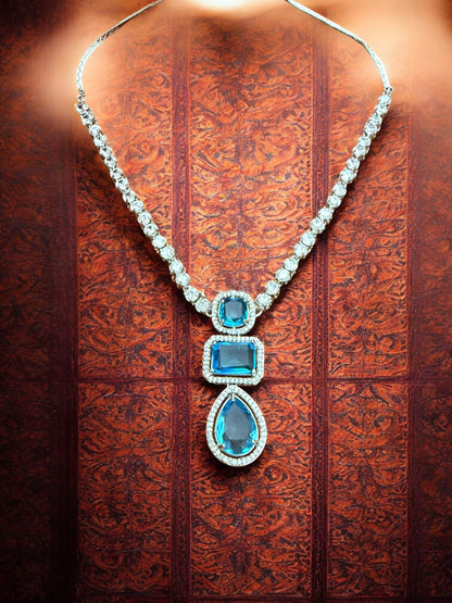 Blue Statement Stone Zircon Pendant Set with Stud Earrings