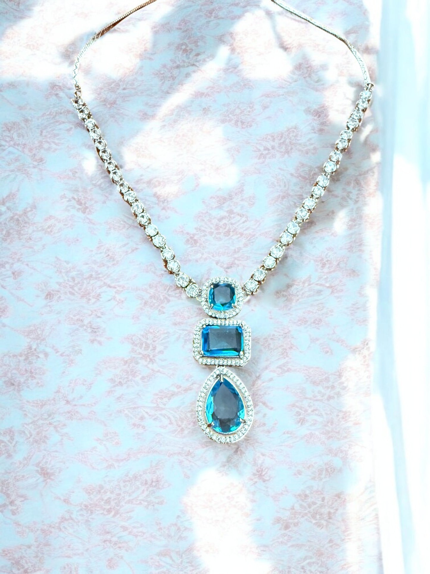Blue Statement Stone Zircon Pendant Set with Stud Earrings