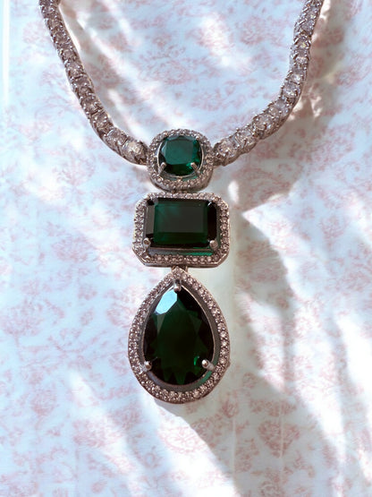 Emarld Green Statement Stone Zircon Pendant Set with Stud Earrings