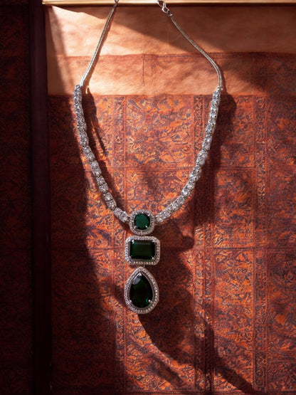 Emarld Green Statement Stone Zircon Pendant Set with Stud Earrings