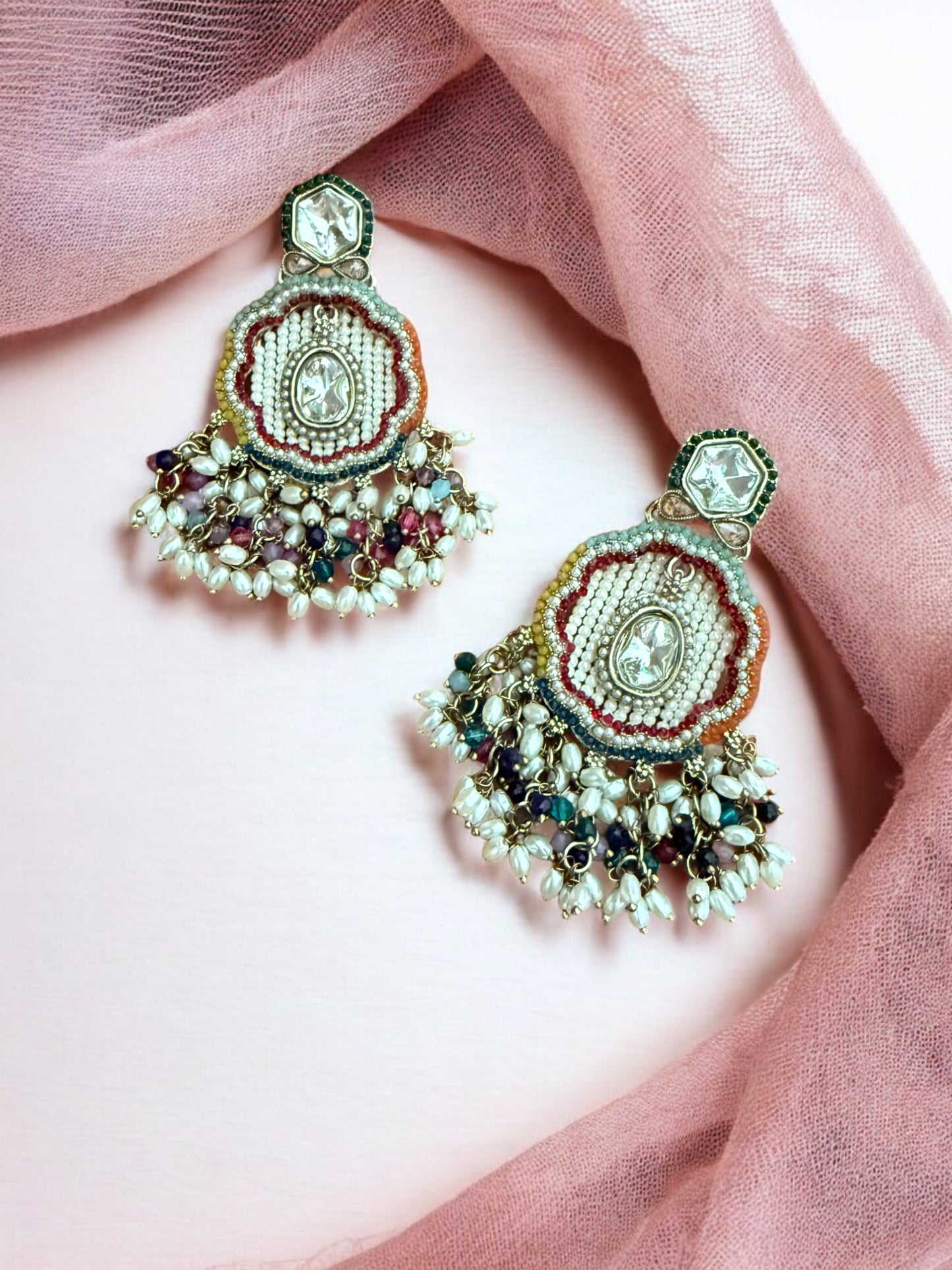 Multicolor Dangling Kundan Earrings with Intricate  Beadwork & Pearl Detailing