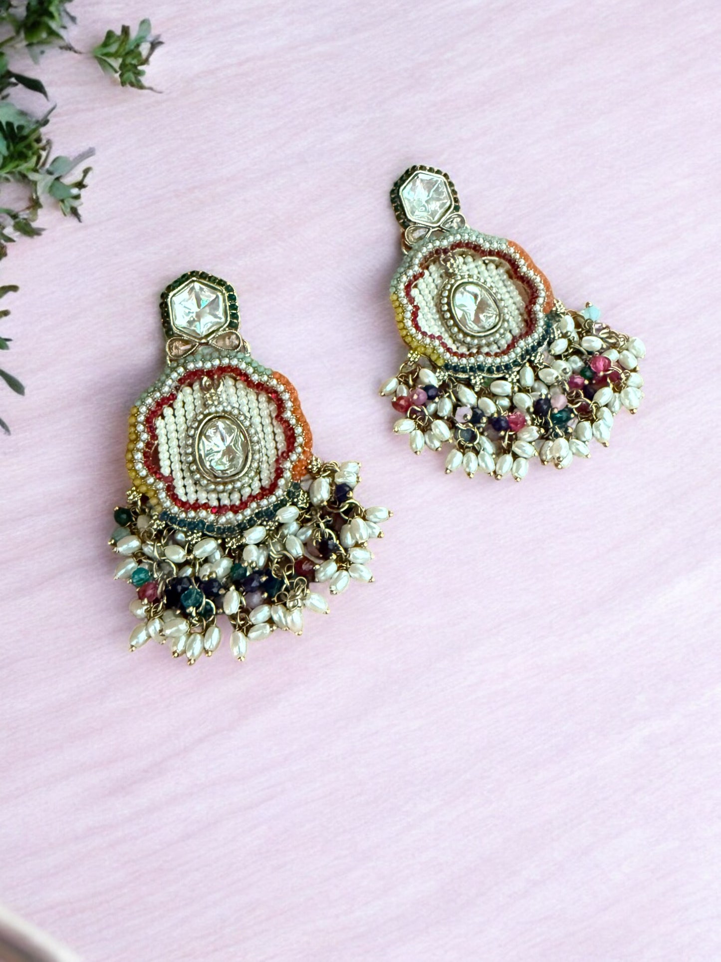 Multicolor Dangling Kundan Earrings with Intricate  Beadwork & Pearl Detailing