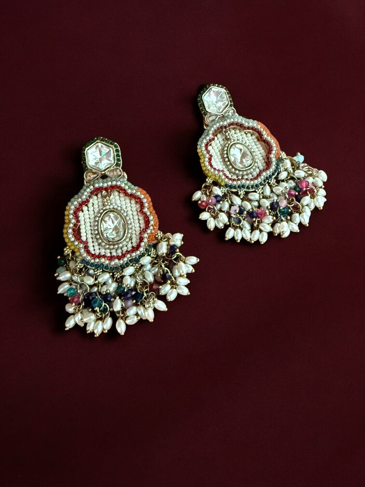 Multicolor Dangling Kundan Earrings with Intricate  Beadwork & Pearl Detailing
