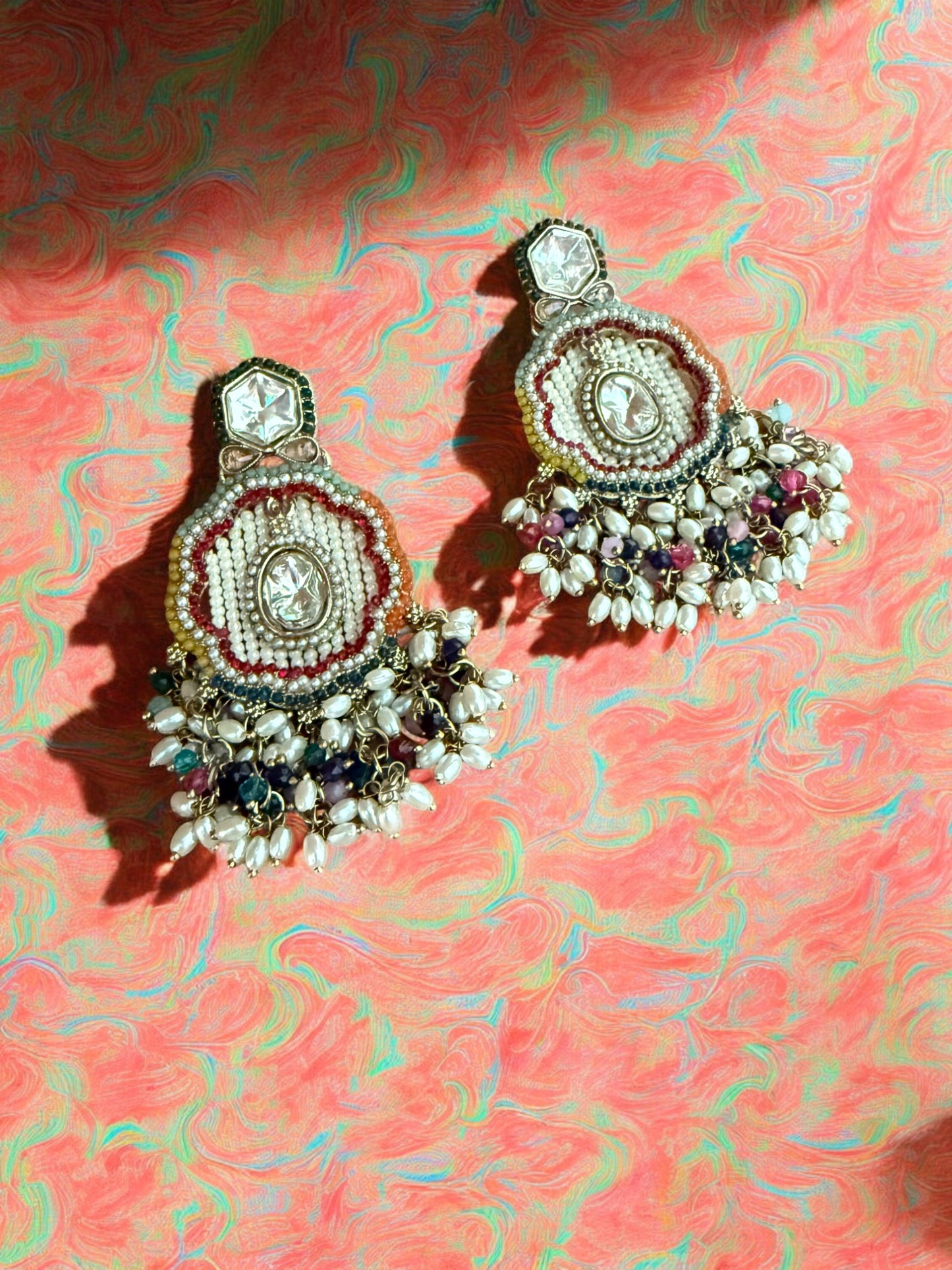 Multicolor Dangling Kundan Earrings with Intricate  Beadwork & Pearl Detailing