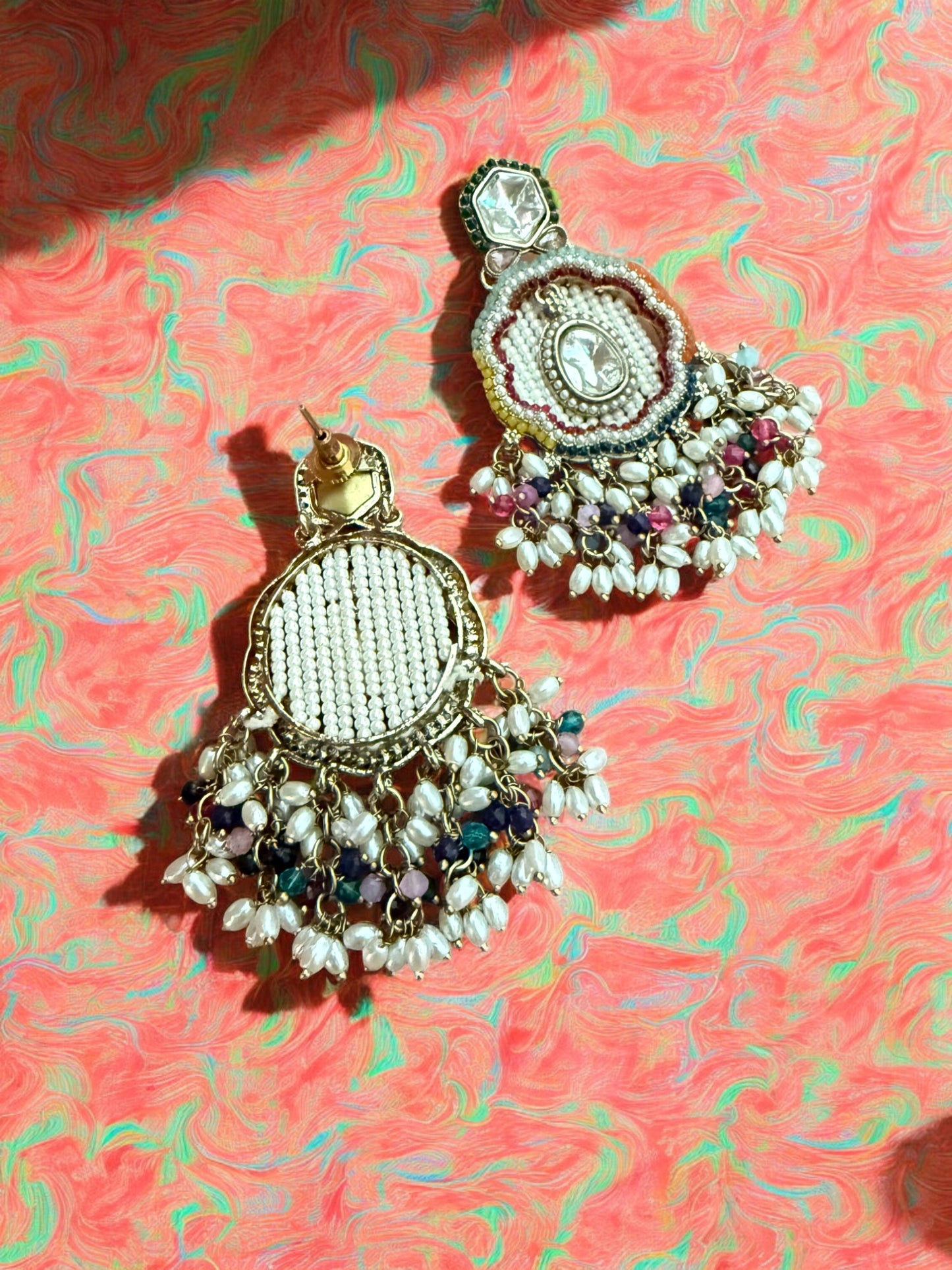 Multicolor Dangling Kundan Earrings with Intricate  Beadwork & Pearl Detailing