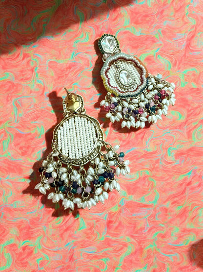 Multicolor Dangling Kundan Earrings with Intricate  Beadwork & Pearl Detailing