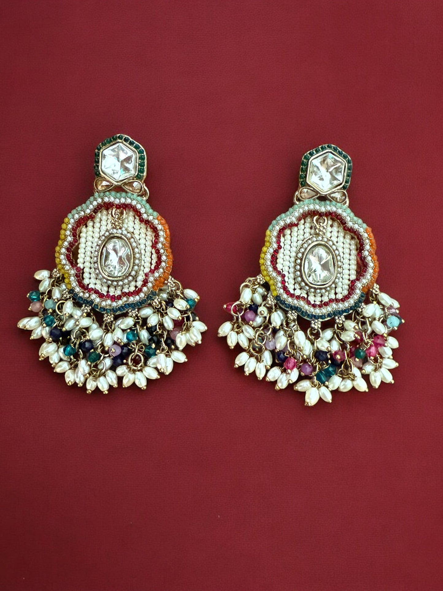 Multicolor Dangling Kundan Earrings with Intricate  Beadwork & Pearl Detailing