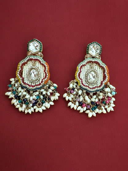 Multicolor Dangling Kundan Earrings with Intricate  Beadwork & Pearl Detailing