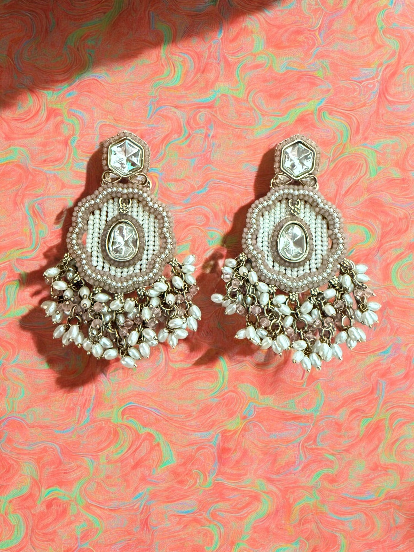 Dusty Rose Dangling Kundan Earrings with Intricate  Beadwork & Pearl Detailing